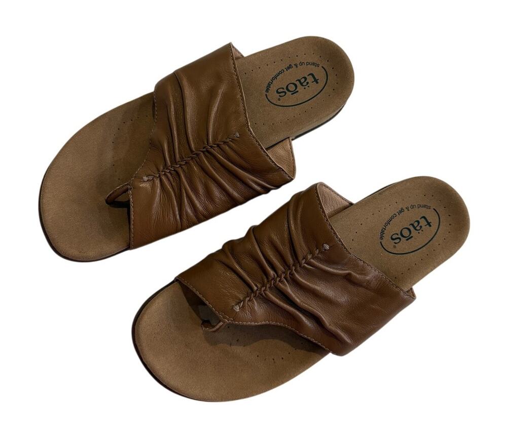 Taos Gift 2 Ruched Leather Sandals Cognac Brown for Stylish Comfort Womens 9